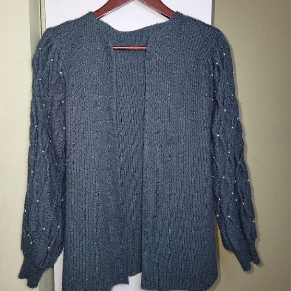 Vintage pearl detail cardigan sweater puff shoulder grey size small